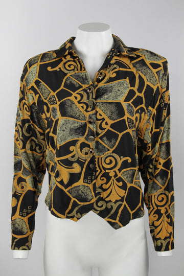Vintage 80s Long sleeve blouse with abstract pattern - M