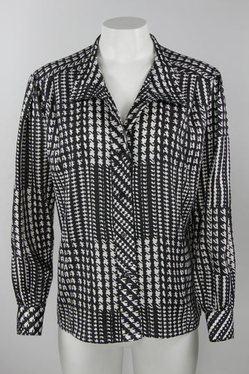 Vintage 80s monochrome houndstooth blouse - M
