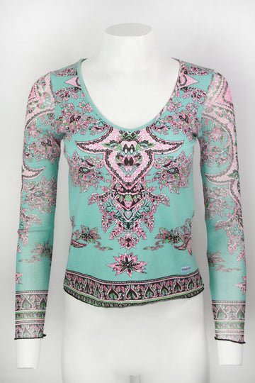 Vintage Y2K Turquoise Long Sleeved Paisley Top - S