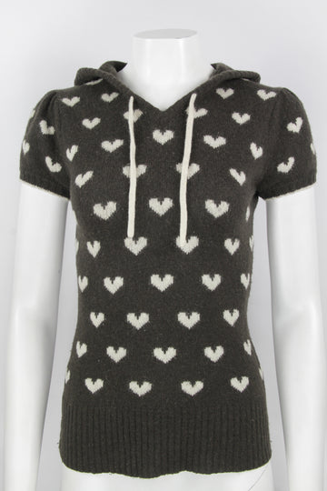 Vintage Y2K Short Sleeved Brown Hooded Heart Sweater - S
