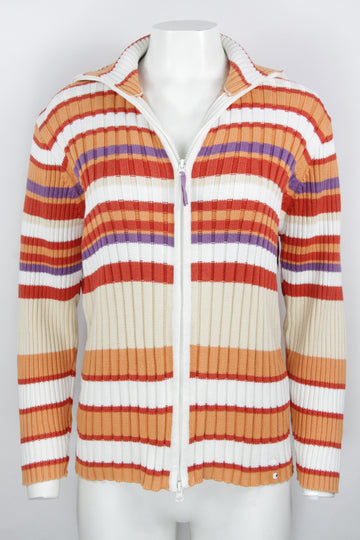 Vintage Y2K Striped Ribbed Zipper Knit Cardigan - XL