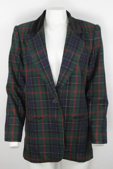 Vintage Ladies Checked Blazer with Velvet Collar- M