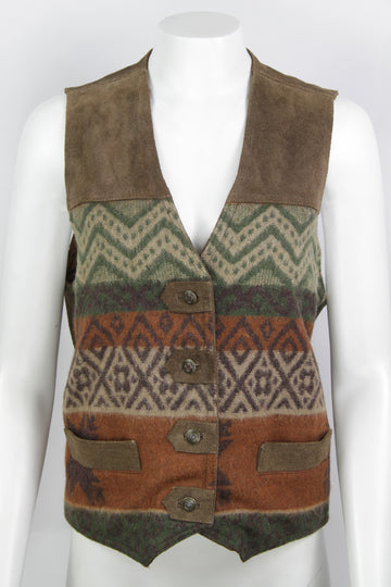 Vintage Wool & Suede Patterned Waistcoat -  L