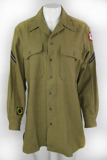 Vintage 1944 Wool Flannel OD US Military Shirt  With Army Sevices Patch - M