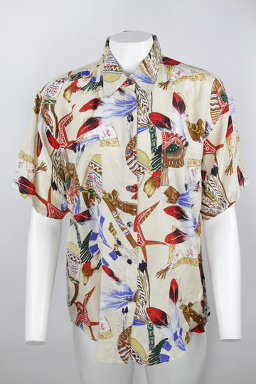 Vintage Short Sleeved Silk Shirt With Native American Print - S