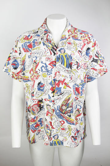 Vintage 1950s Curve Collar Printed Shirt - M