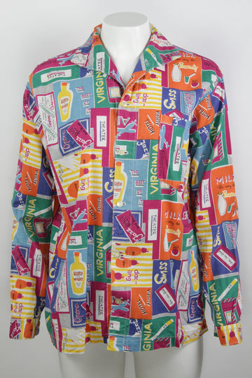Vintage 1950s Pop Culture Whiskey Ciggarettes and Air Travel Print Shirt - M