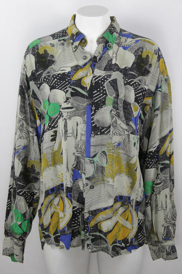 Vintage Fruit and 1940s styled people print rayon shirt - L