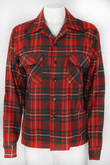 Vintage 40s Congress Speartip Loop Collar Plaid Wool Shirt - M