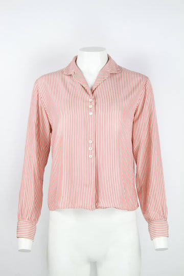 1940s Silk pink and white stripe blouse with rounded collar - S/M