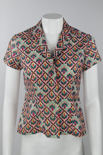 Vintage 50s brightly patterned short sleeved blouse - S