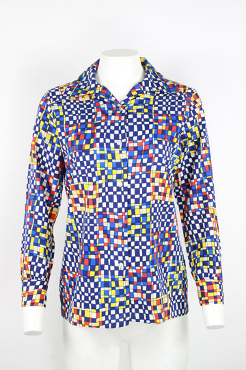 70s checked pointed collar blouse - S