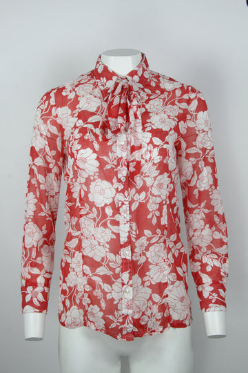 70s Red and white floral pattern blouse - S