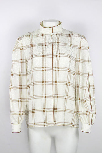 80s Louis Feraud white check blouse with stand up collar - M