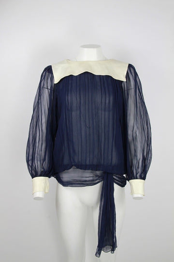 80s See through navy blouse with large white collar and cuffs - S