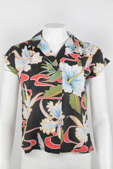 80s short sleeve floral orchid blouse - Black - S