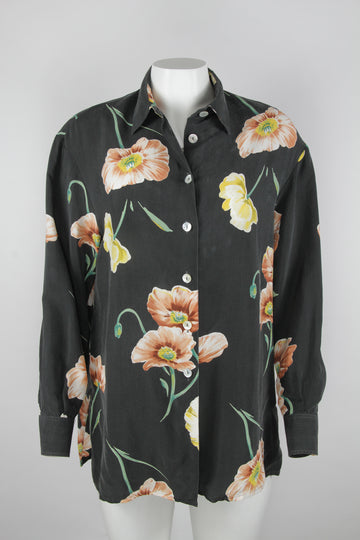 90s black floral blouse with faux shell buttons - M