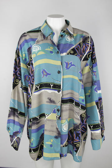 90s turquoise abstract print blouse - L