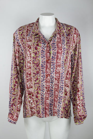 90s green and red floral pattern blouse - S