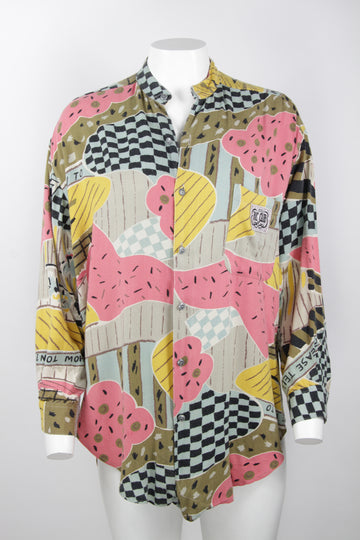 90s collarless pink and yellow blouse - S