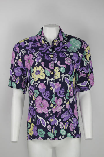 90s short sleeve purple floral blouse - S