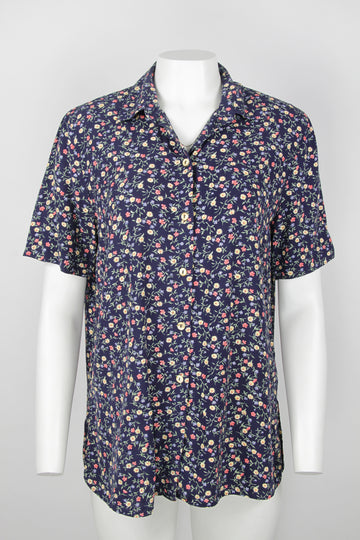 90s short sleeve navy floral blouse - S