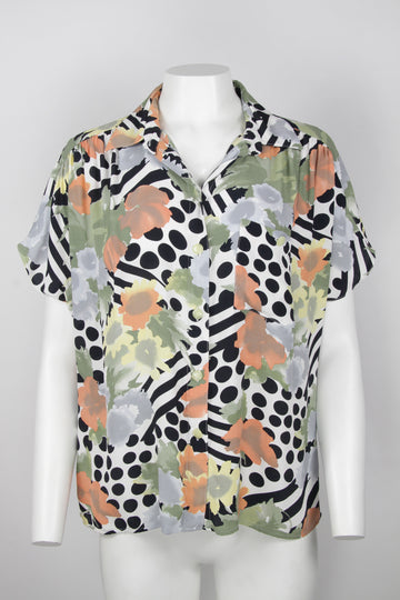 90s short sleeve dot stripe floral pattern - M