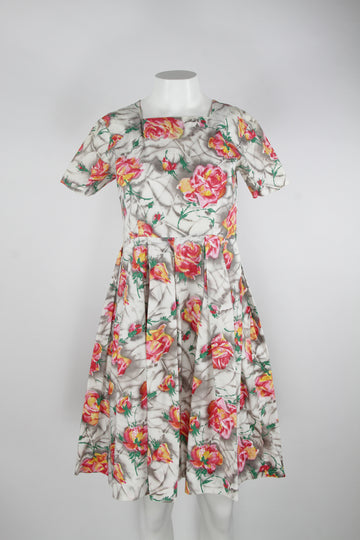 50s grey and peach floral rose pattern dress - S