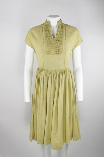 50s golden yellow/beige dress with detailed embroidery - S