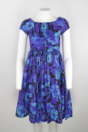 Vintage 50s dress - Blue and black floral pattern - S