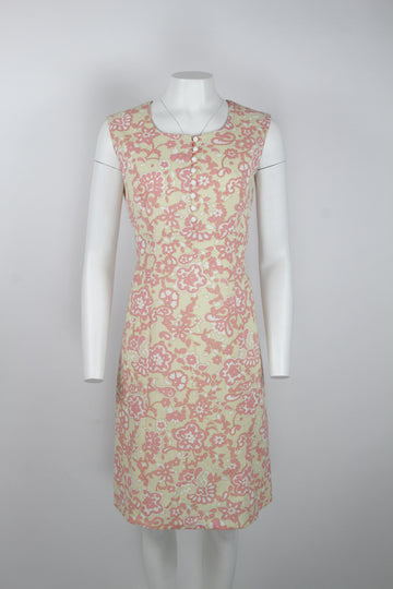 60s Beige and pink floral paisley pattern dress - M/L