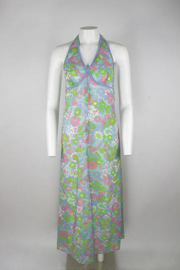 70s halter neck maxi dress - Blue pink and green floral pattern - S