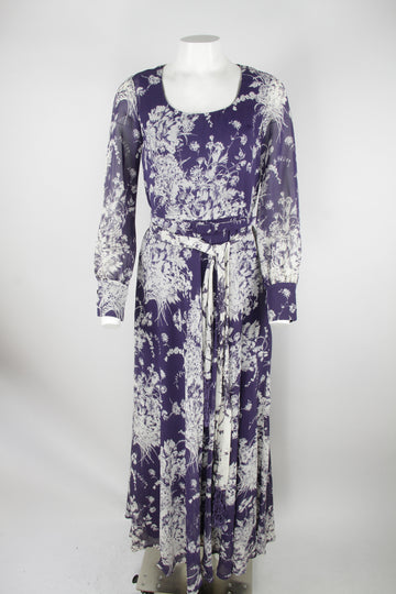 70s long sleeve maxi dress - Blue and white floral pattern - S