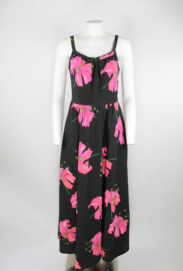 70s strappy maxi dress - Black with pink lilies - S