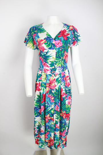90s tropical print short sleeve dress - S