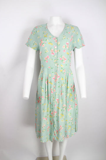 90s duck egg blue/green floral short sleeve dress - S