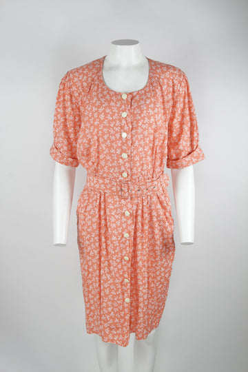 80s/90s peach bow pattern dress - M
