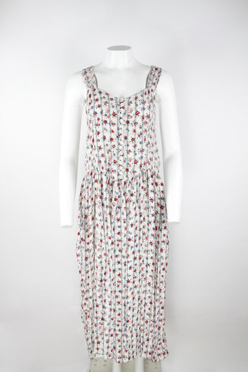 90s white floral and check dress - L