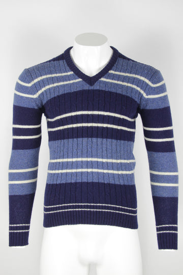 Striped cable knit V neck new wool jumper - M