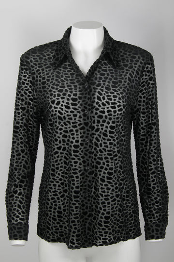 Black velvet animal print sheer blouse  - S