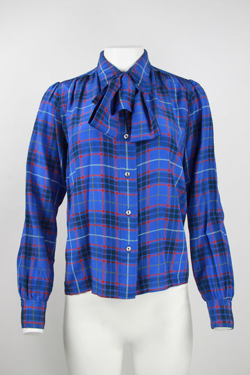 Vintage 1980s Saint Laurent Rive Gauche Blue check silk blouse – S