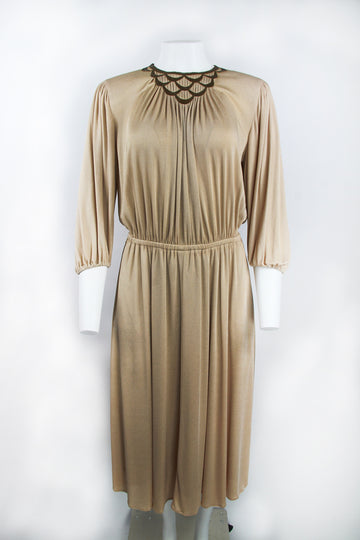Vintage Louis Feraud Paris taupe dress with bronze neck detail - S/M