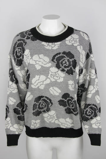 Ladies 80s jumper monochrome rose pattern - L