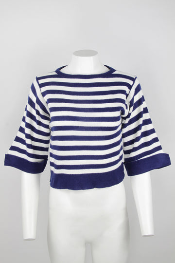 Ladies 80s striped 3/4 length sleeve sailor jumper - S