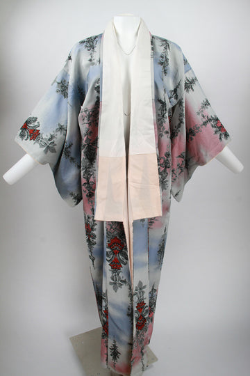 Long blue and pink floral patterned Kimono - M
