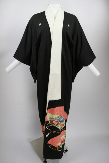 Long black Tomesode Kimono with hand painted and gold thread fan design - S/M