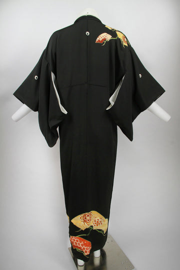Long black Tomesode Kimono with hand painted and gold thread design - M