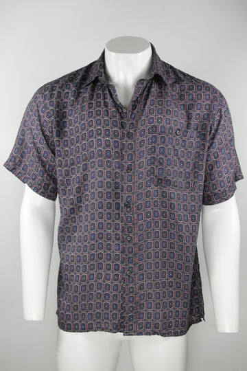 Vintage Short Sleeve Silk Shirt - Geometric Blue, White and Red - M