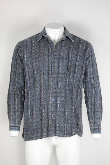 Patterned Flannel Shirt - Blue stripe and check - L
