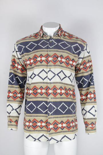 Patterned Flannel Shirt - Beige Blue and red graphic pattern  - M